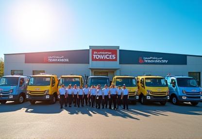 Britannia Tow Services staff with their fleet of trucks outside company headquarters on a sunny day.