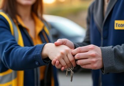 Recovered car owner receiving keys from Britannia tow staff.